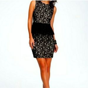 Bebe Floral Lace Peplum Sleeveless Sheath Dress